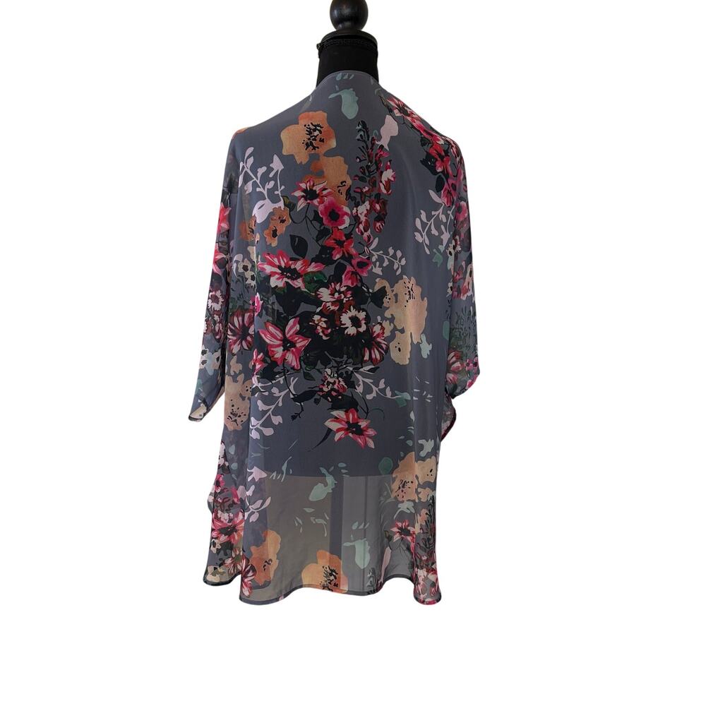 Floral Sheer Kimono Cardigan Gray Boho Large - Picture 2 of 8